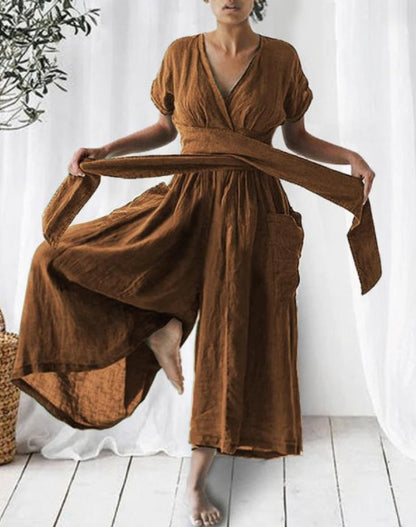 Short Sleeved Solid Color Loose Casual Jumpsuit