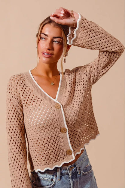 SO ME Open Knit Light Weight Sweater Cardigan With Contrast Wavy Scallop Edge
