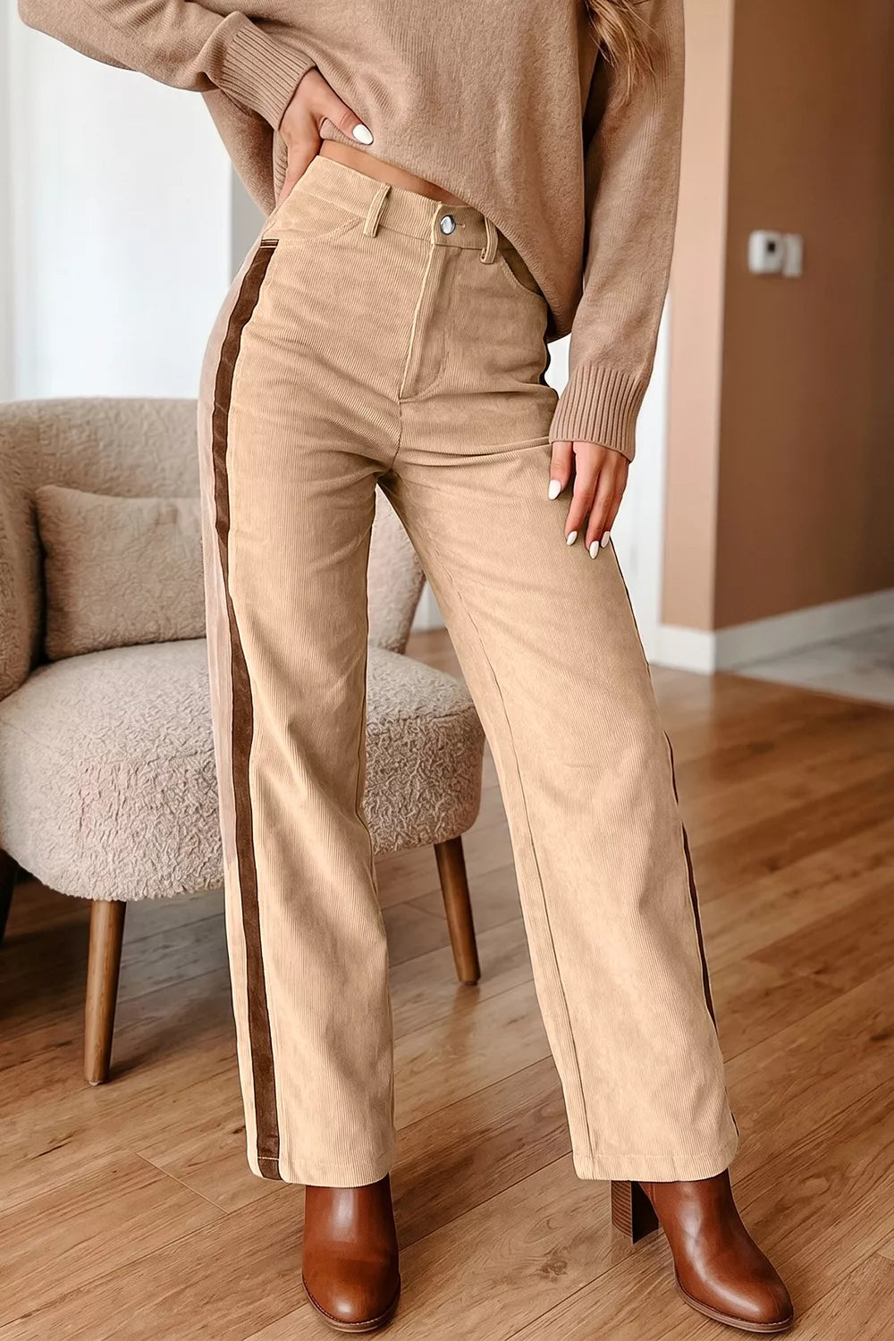 Corduroy Side Panel Colorblock Straight Leg Pants