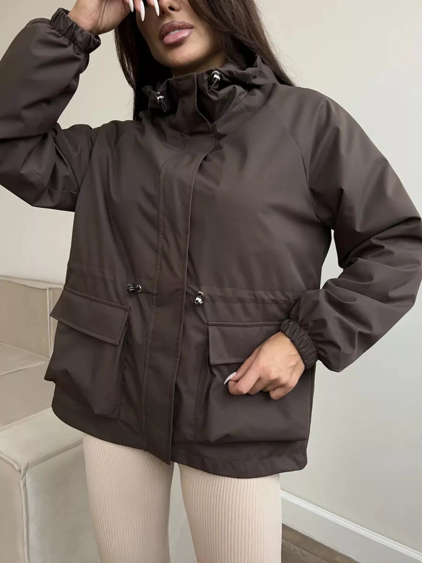 Drawstring Waist Hooded Windbreaker Outerwear