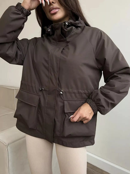 Drawstring Waist Hooded Windbreaker Outerwear