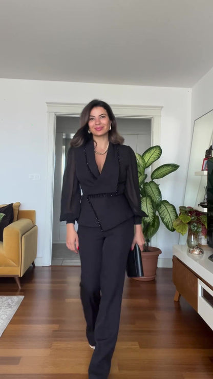 Ensemble haut en maille perlée et pantalon large pour femme