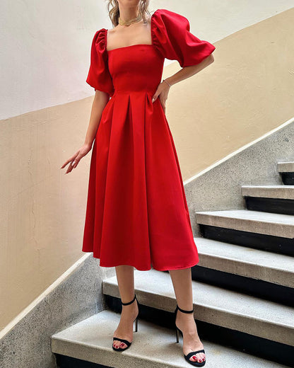 Red Square Neck Puff Sleeve Dress