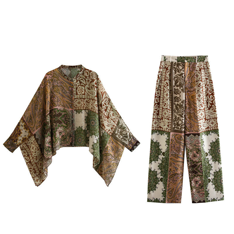 Summer Patchwork Cape Shirt Print Pants Set