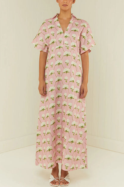 V Neck Short Sleeves Floral Print Maxi Holiday Dress