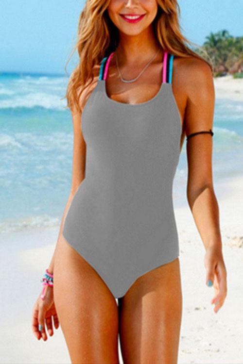 Rosiedress Color Straps Back Cut Out One-piece Swimwear Gray