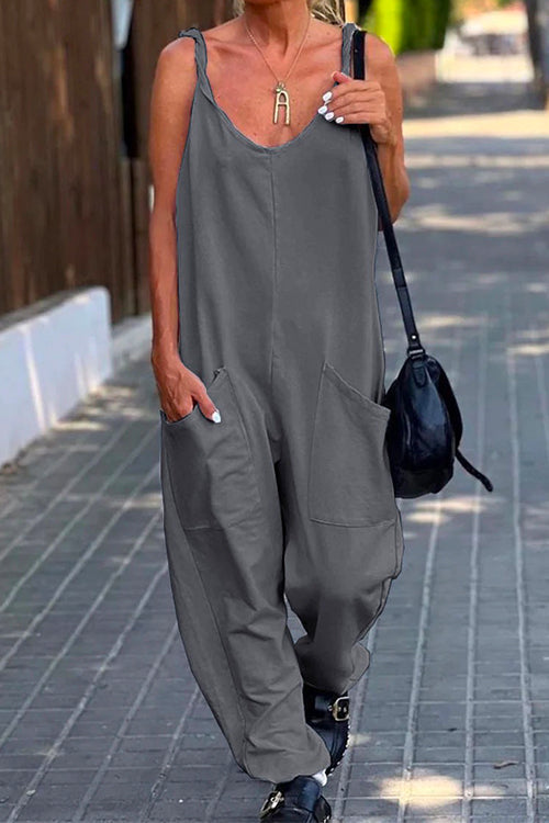 Rosiedress Scoop Neck Pockets Solid Slouchy Cami Jumpsuit Gray