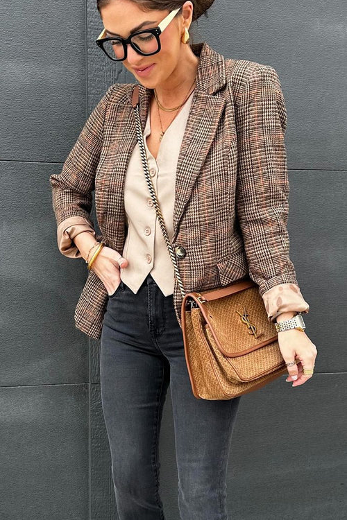 Rosiedress Lapel Single Button Classic Plaid Blazer