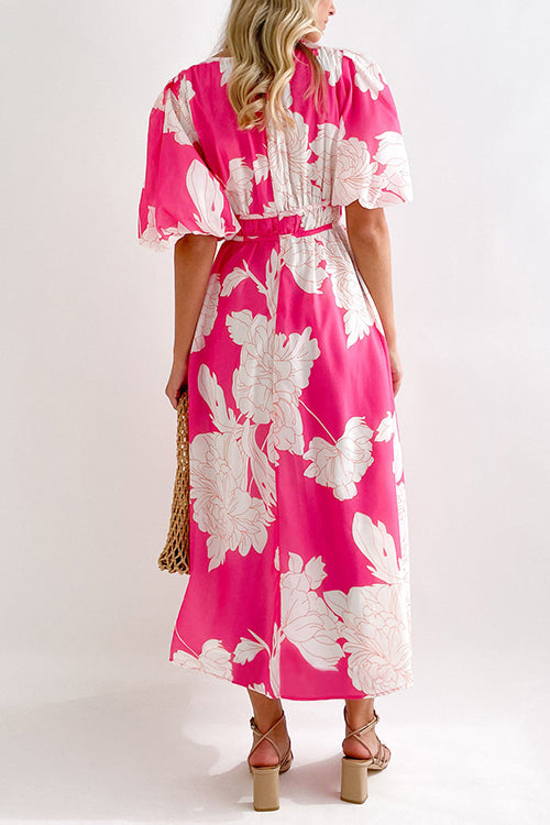 Rosiedress V Neck Puff Sleeves Waisted Floral Midi Dress