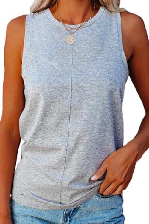 Rosiedress Solid Crewneck Sleeveless Casual Top LightGray