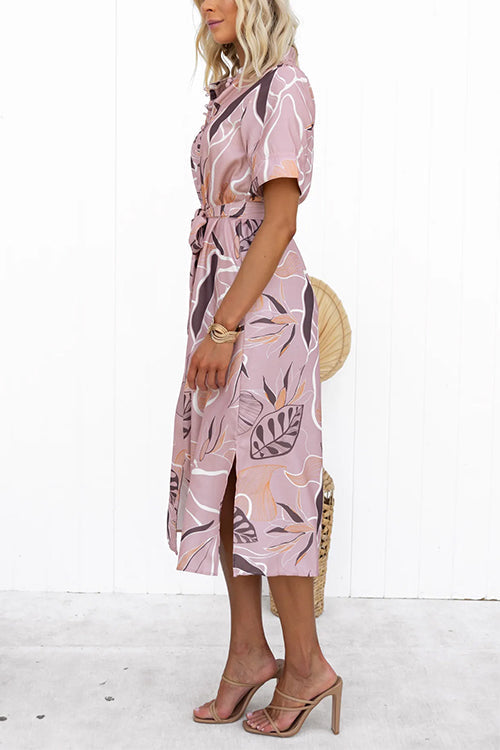 Short Sleeves Tie Waist Side Slit Printed Midi Shirt Dress