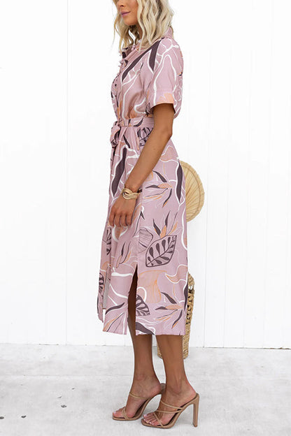 Short Sleeves Tie Waist Side Slit Printed Midi Shirt Dress