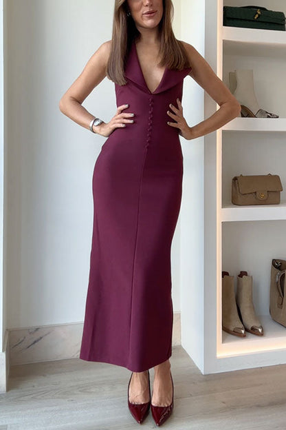 Neckholder-Midikleid mit V-Ausschnitt, rückenfrei, Knöpfen