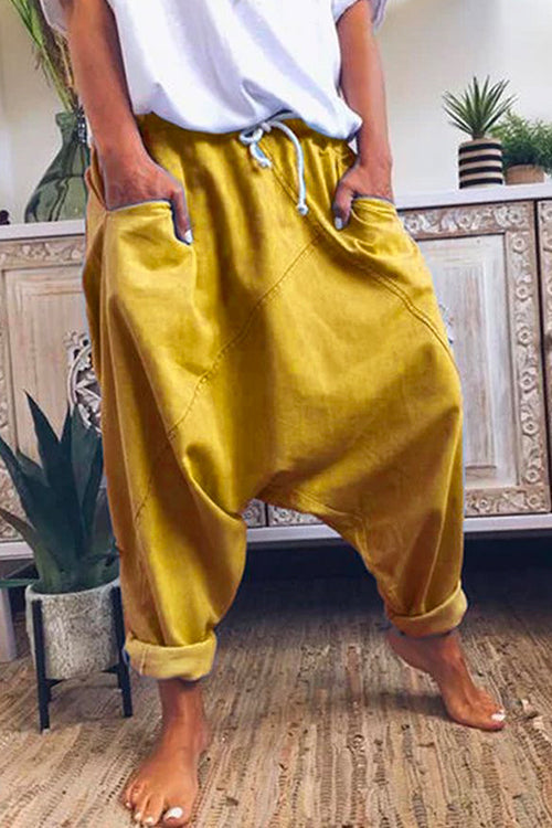 Rosiedress Solid Drawstring Waist Hippie Harem Pants Yellow