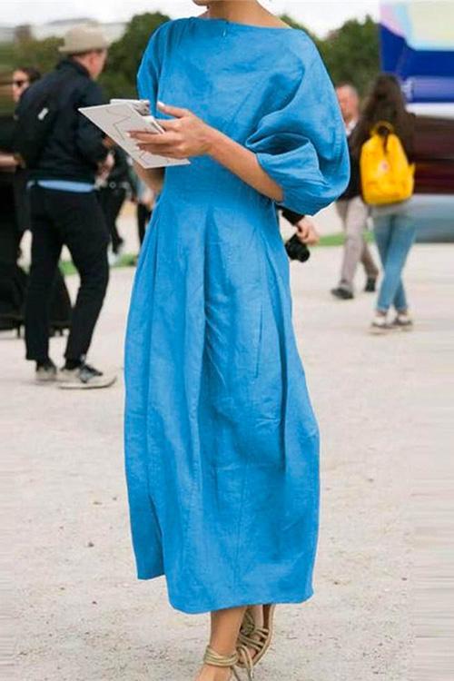 Lantern Sleeve Ruched Midi Cotton Linen Dress LightBlue