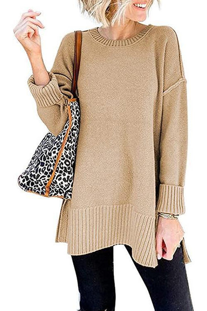 Side Split Ribbed Trim Loose Mid Sweater Khaki