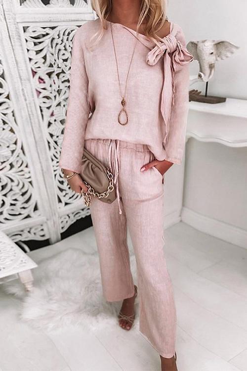 Rosiedress Side Bow Knot Neck Pullover Tie Waist Pants Lounge Set