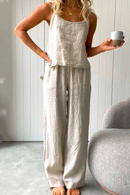Cotton Linen Cami Top Wide Leg Pants Loungewear Set LightGray