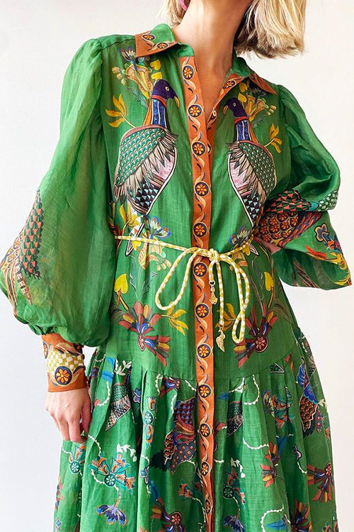 Rosiedress Puff Sleeves Button Down Birdie Printed Maxi Shirt Dress