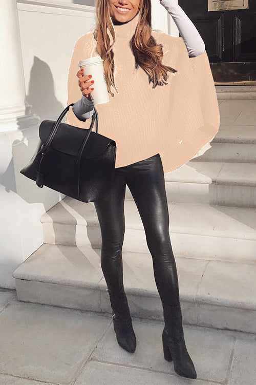 Turtleneck Half Sleeves Oversized Poncho Sweater Khaki