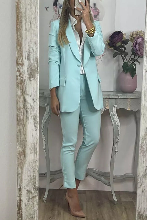 Business Work Collared Single Button Blazer Pocketed Pants Suit Set Ether