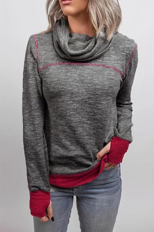 Rosiedress Casual Cowl Neck Color Block Sweatshirt with Thumb Hole