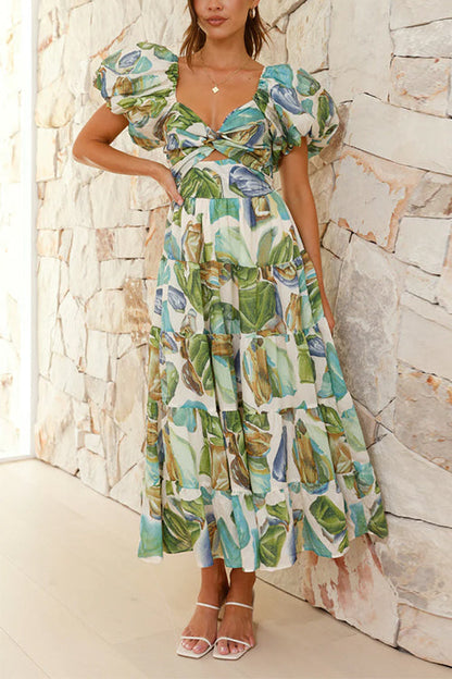 Rosiedress Twist Front Puff Sleeves Ruffle Tiered Printed Maxi Dress