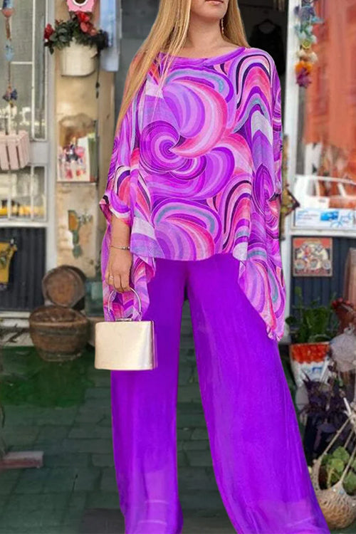 Rosiedress Printed Batwing Sleeves Irregular Top and Wide Leg Pants Chiffon Set Purple