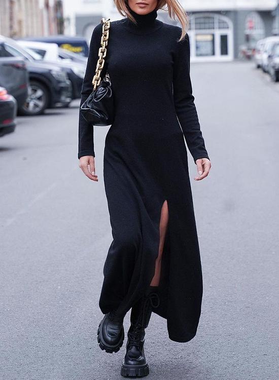 Rosiedress Turtleneck Long Sleeve High Split Maxi Dress Black