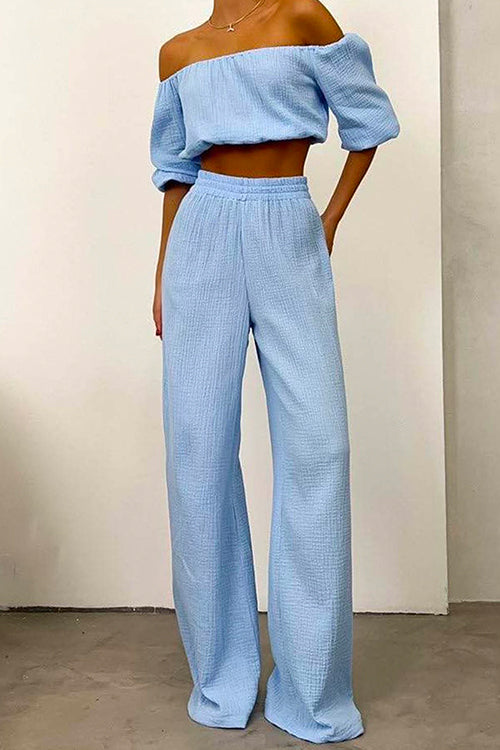 Rosiedress Off Shoulder Half Sleeves Crop Top Wide Leg Pants Set LightBlue