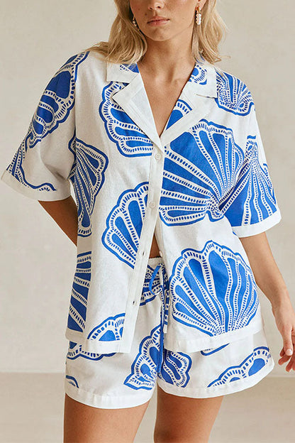 V Neck Short Sleeves Shirt and Drawstring Waist Shorts Seashell Print Set