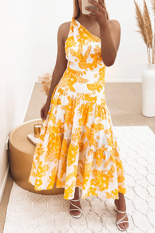 Rosiedress One Shoulder Sleeveless Printed Swing Maxi Dress Yellow