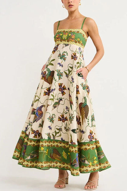 Rosiedress Spaghetti Strap Empire Waist Unique Print Swing Maxi Dress Green