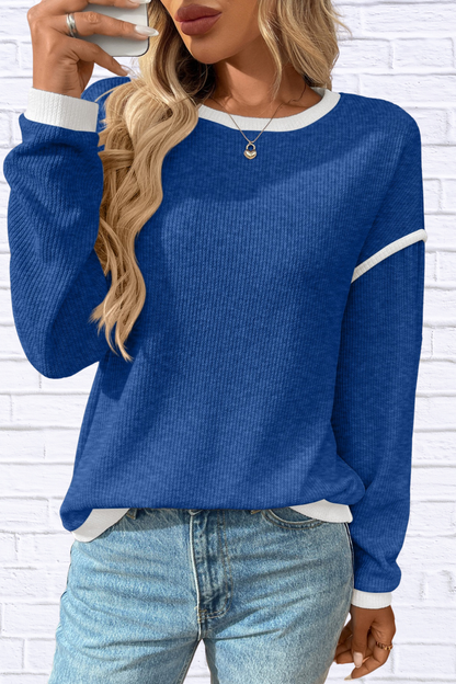 Ribbed Contrast Trim Long Sleeve Top