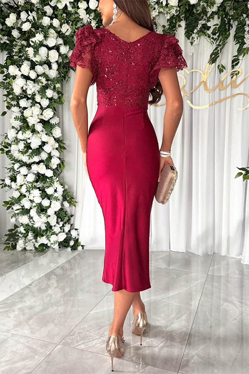 Rosiedress V Neck Ruffle Sleeves Slit Sequin Midi Party Dress