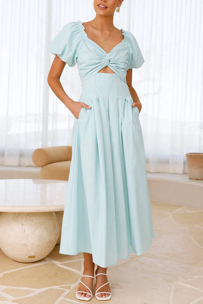 V Neck Twist Front Puff Sleeves Cut Out Maxi Dress
