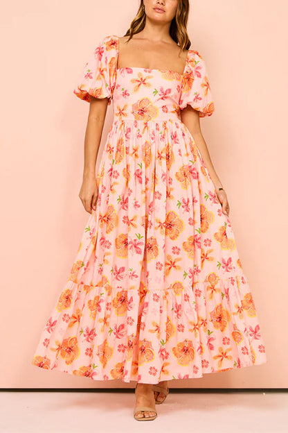 Rosiedress Square Neck Puff Sleeves Floral Print Ruffle Maxi Dress