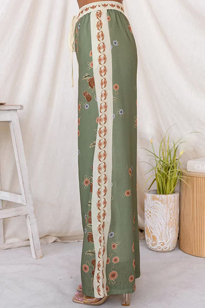 Drawstring Elastic Waist Floral Print Wide Leg Pants