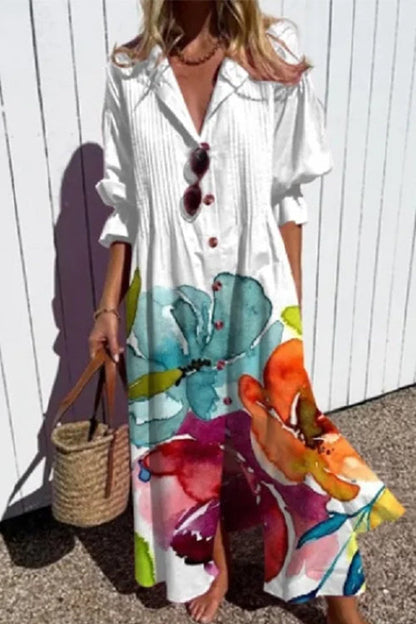 Ruched Button Down Balloon Sleeves Printed Maxi Dress White