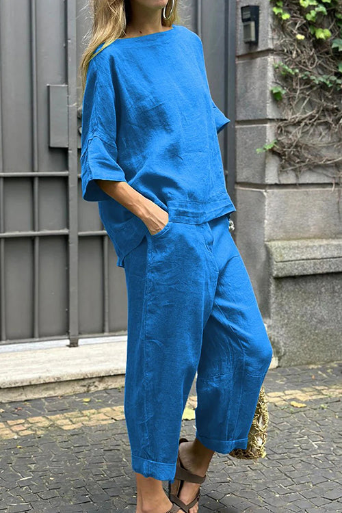 Rosiedress Cotton Linen Half Sleeves Pullover Top Wide Leg Tapered Pants Set Blue