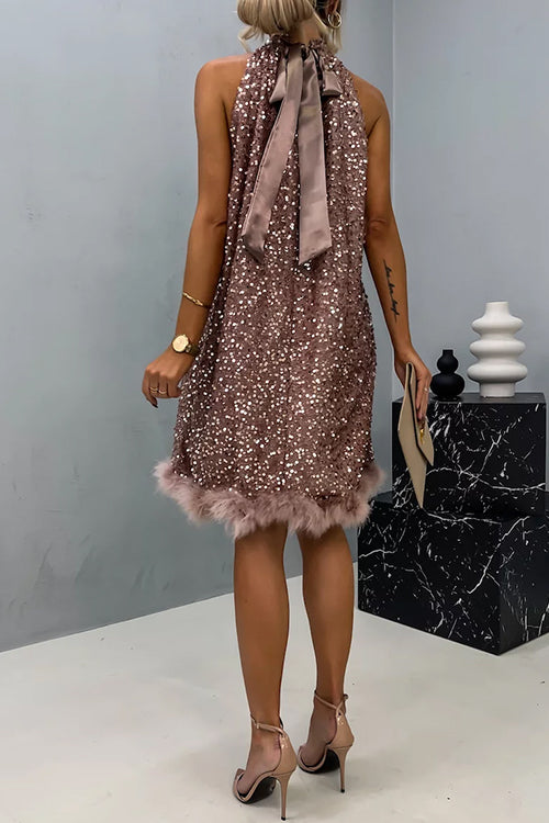 Halter Sleeveless Feather Hem Sequin Dress