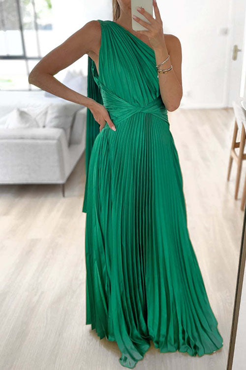 Rosiedress Draped One Shoulder Waisted Pleated Maxi Party Dress Green