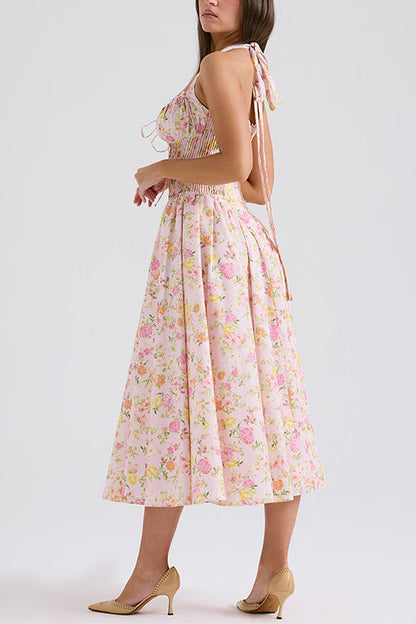 Rosiedress Halter Tie Front Waisted Floral Print Midi Dress