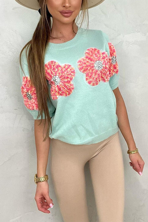 Rosiedress Crewneck Short Sleeves 3D Flower Sweater Top