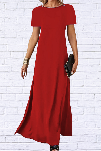 Full Size Round Neck Short Sleeve A-Line Maxi Dress Plus Size