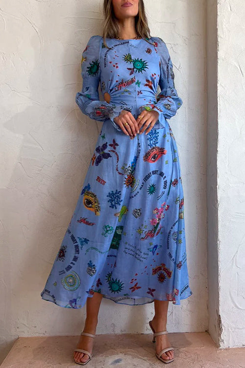 Rosiedress Balloon Long Sleeves Cut Out Graffiti Printed Flowy Midi Dress Blue