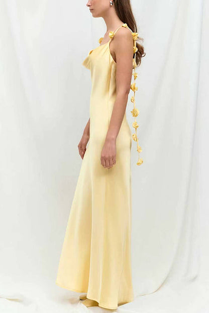 Cowl Neck Flower Applique Satin Maxi Cami Dress