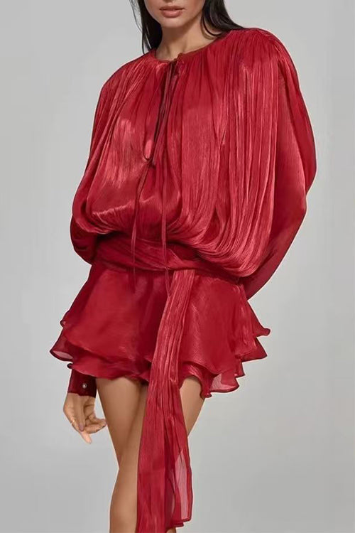Lantern Long Sleeves Draped Ruffle Layered Mini Dress with Shorts