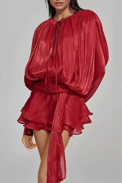 Lantern Long Sleeves Draped Ruffle Layered Mini Dress with Shorts