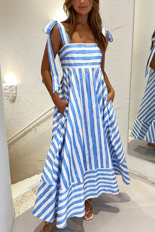 Rosiedress Pocketed Bow Shoulder Striped Swing Maxi Cami Dress